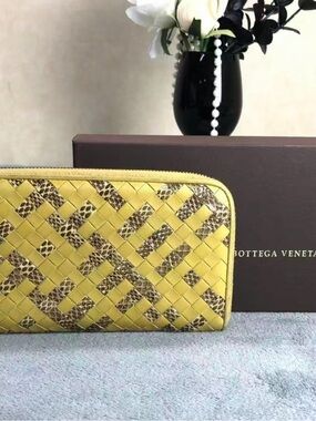 Bottega Veneta Yellow Woven Leather Zip Wallet with Snakeskin Inlay